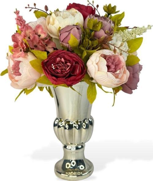 Yapay Çiçek Aranjmanı Fuşya Pembe Gülkurusu Rengi Gümüş Cam Vazoda Nişan Çiçeği İsteme Çiçeği