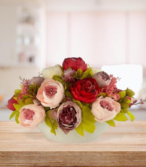 Yapay Çiçek Aranjmanı Gondol Vazoda Fuşya Pembe Pudra Tonlarında Marsilya Gülü Şakayık Çiçekleri