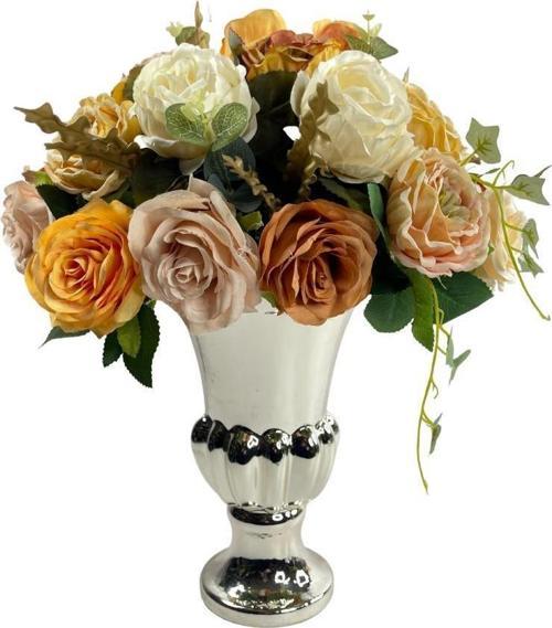 Yapay Çiçek Aranjmanı Krem Somon Kahve Rengi Gümüş Cam Kupa Vazoda Nişan Çiçeği İsteme Çiçeği