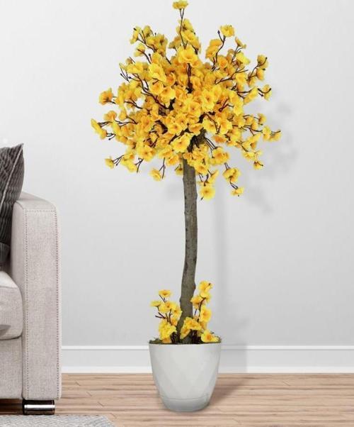 Yapay Ağaç Sarı Bahar Dalı Japon Kiraz Çiçeği Beyaz Saksılı 90cm