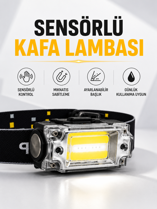 Sensör Kontrollü Şarjlı Beyaz Led Kafa Lambası El Feneri