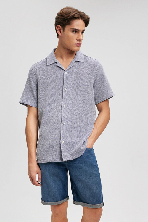 Çizgili Kısa Kollu Regular Fit Erkek Gömlek 0210828-70907 LACİVERT