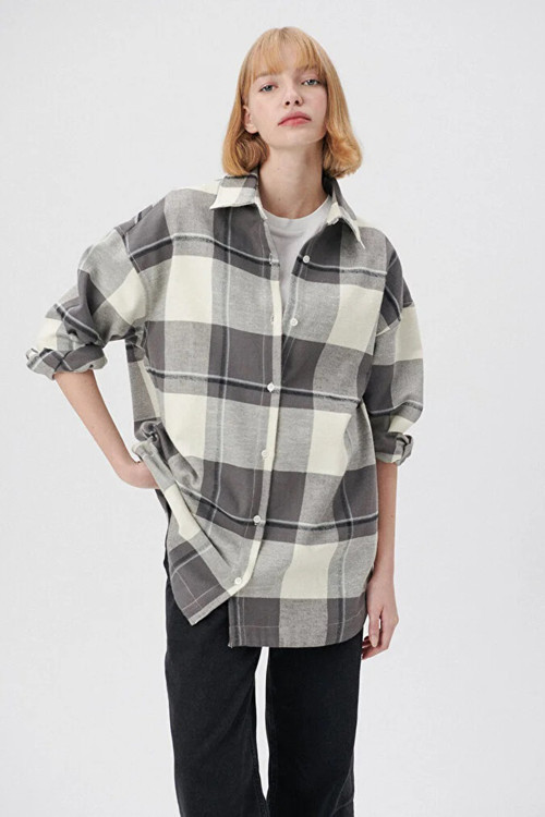 % 100 Pamuk Kareli Oversize Bayan Gömlek 1210270-85944 GRİ
