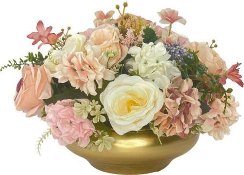 Nettenevime Yapay Çiçek Aranjmanı Pudra Krem Top Ayaklı Yuvarlak Metal Gold Vazolu Masa Üstü Çiçeği Arajman