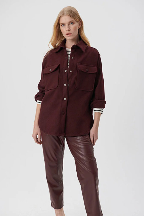 Yünlü Loose Fit Çift Cepli Bayan Ceket 1110391-70260 KAHVE