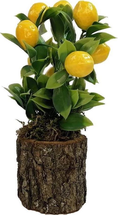 Yapay Ahşap Kütük Saksılı Limon Dekoratif Hediye LM100