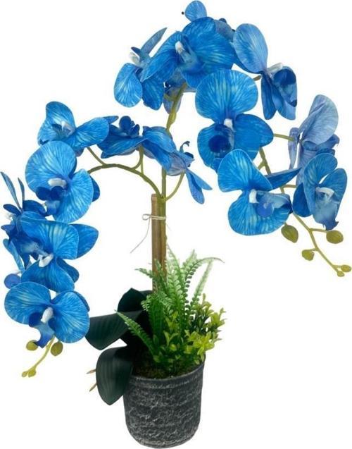 Yapay Çiçek 2li Mavi Islak Orkide Seramik Saksıda Orkide 60cm