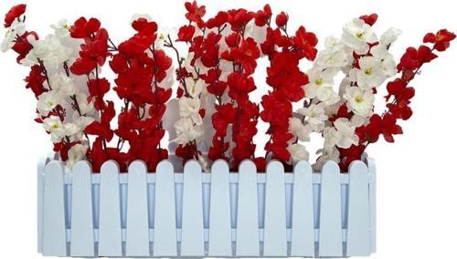 Yapay Çiçek Beyaz Çit Balkon Saksısı Kırmızı Beyaz Bahardalı 55*40cm
