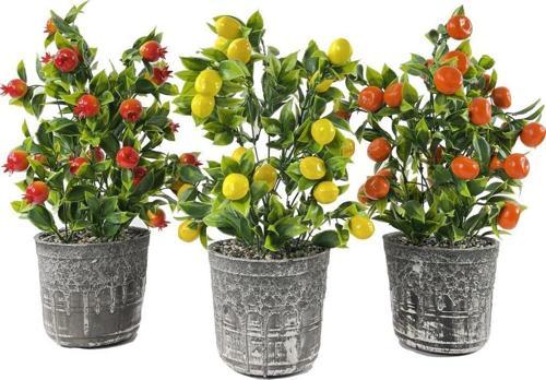 Yapay Çiçek 3 Adet Gri Seramik Saksıda Limon Nar Ve Mandalina Ağacı 40cm