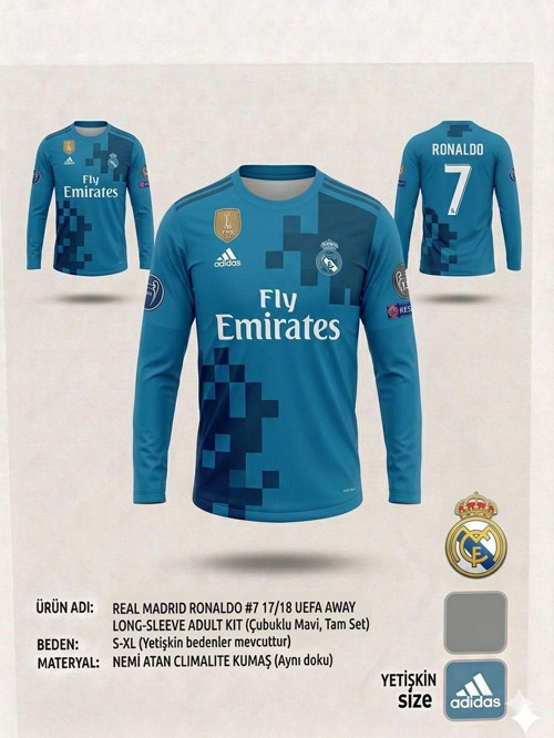 Ronaldo Uzun Kol Real.Madrid.Turkuaz Yetişkin Forma