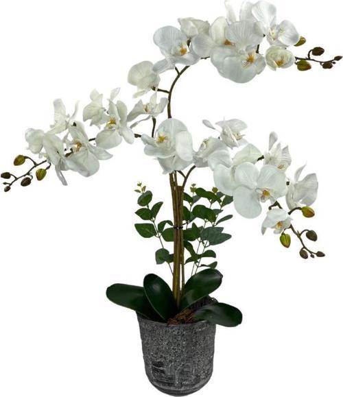 Yapay Çiçek 3lü Beyaz Orkide Seramik Saksıda Orkide 60cm