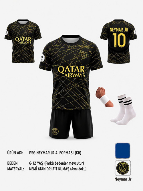 Neymar JR.Psg.Gold-Siyah Özel Tasarım Çocuk Forması 4 Parça