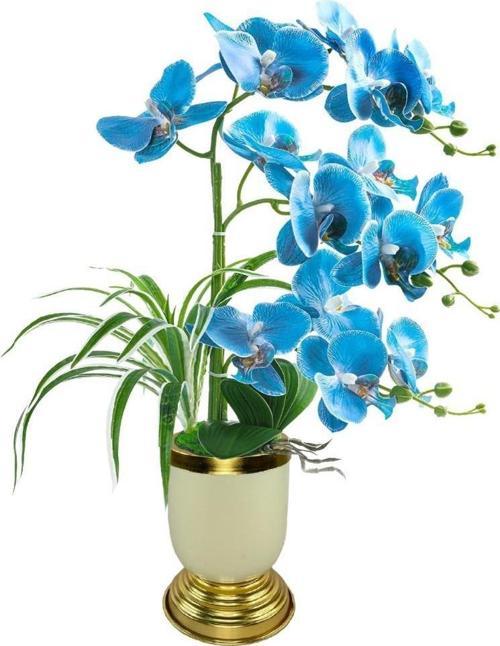 Yapay Çiçek 3lü Mavi Orkide Metal Krem Gold Saksıda Orkide 60cm
