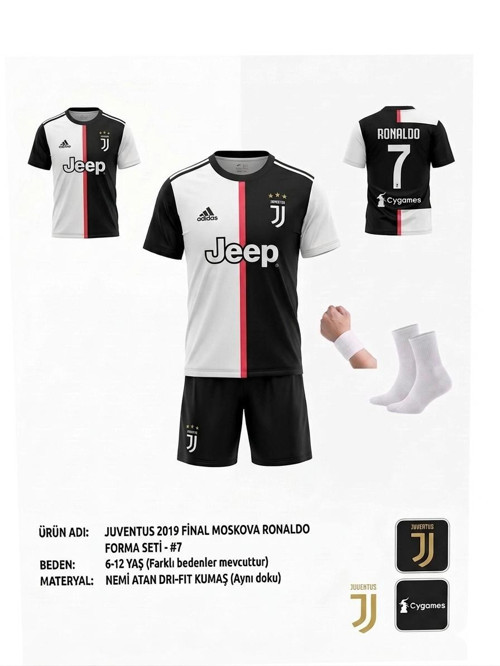 Ronaldo Juventus.2019 Sezon Siyah-beyaz Çocuk Forması 4 Parça