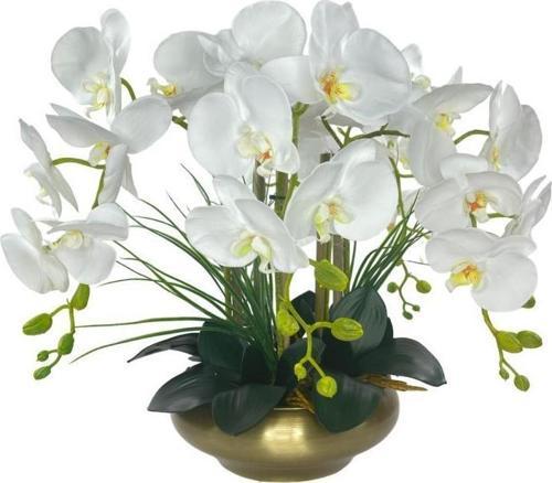 Yapay Çiçek 5li Beyaz Islak Orkide Metal Yuvarlak Eski Gold Vazoda Orkide 50cm