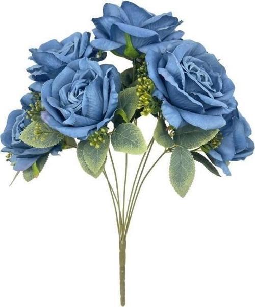 Yapay Çiçek 7li Gül Demeti 40*30cm 1.Kalite Büyükboy MAVİ