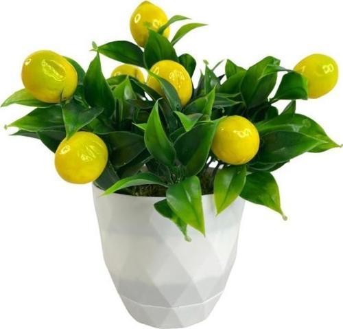 Yapay Çiçek Beyaz Saksıda Limon Dekoratif Masa Çiçeği 25cm