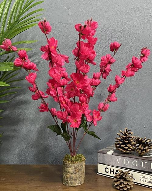 Yapay Çiçek Ahşap Kütük Saksılı Fuşya Bahardalı Palmiye Ağacı Salon Bitkisi 50cm