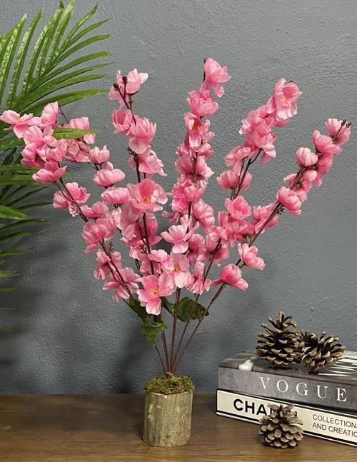 Nettenevime Yapay Çiçek Ahşap Kütük Saksılı Pembe Bahardalı Palmiye Ağacı Salon Bitkisi 50cm