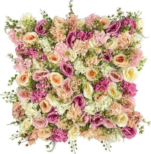 Yapay Çiçek Dekoratif Gül Paneli Pembe Pudra Renkleri Dik Duvar Kaplama Gül Duvarı 55X55