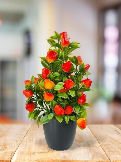 Yapay Çiçek Çilek Ağacı Siyah Saksıda Çilek 30cm