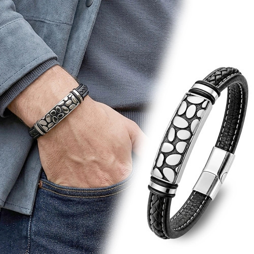 River Stone Motifli Çelik Kilitli Siyah Deri Erkek Bileklik 33511B8D4