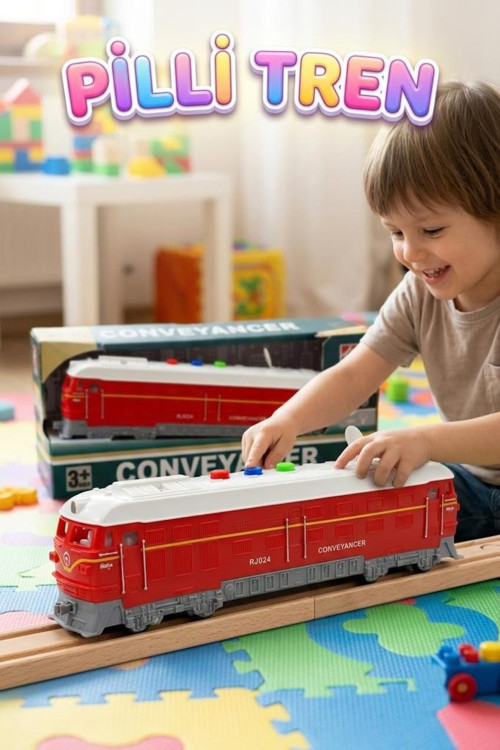 Conveyancer Sesli ve Işıklı Oyuncak Model Tren - 22 CM Pilli Eğitici Oyuncak Tren KIRMIZI