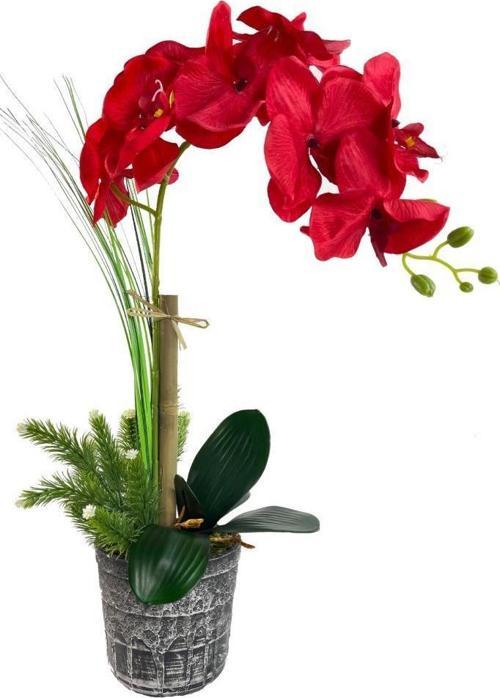 Yapay Çiçek Kırmızı Orkide Gri Seramik Saksıda Tek Dal Orkide 60cm