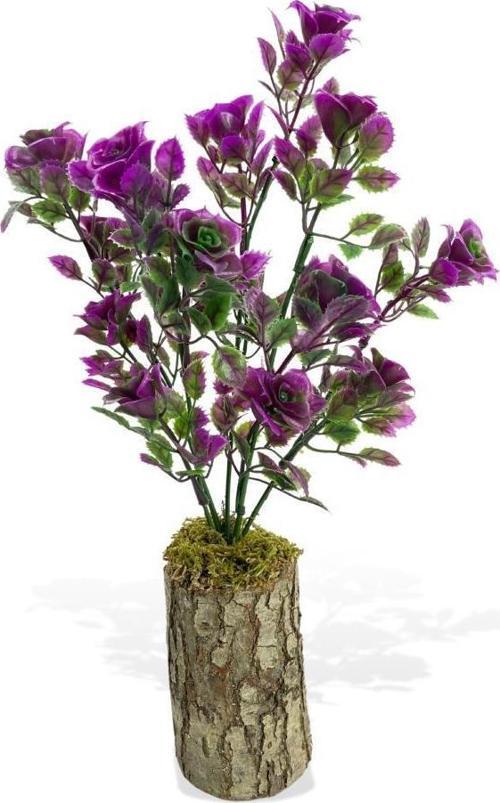 Yapay Çiçek Kütükte Fuşya Güllü Demet Dekoratif Masa Çiçeği 30*20cm
