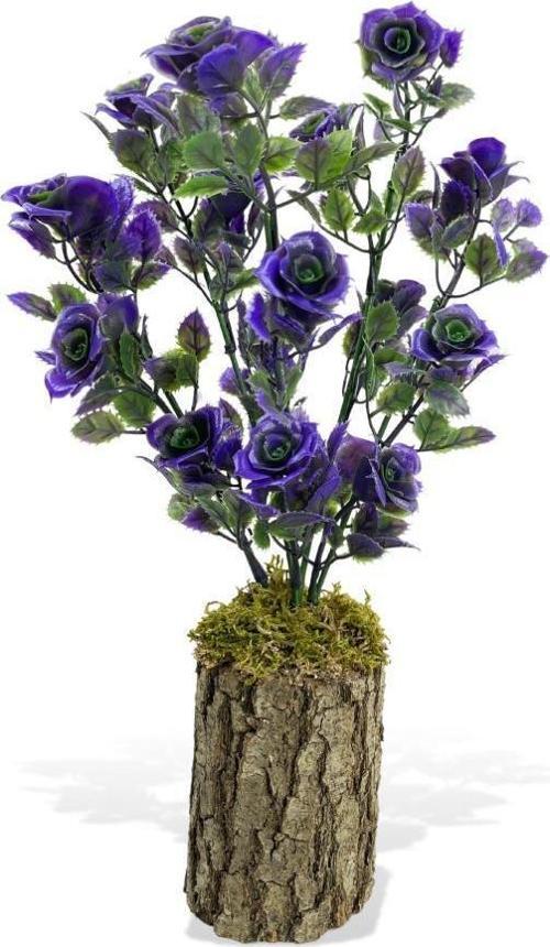 Yapay Çiçek Kütükte Mor Güllü Demet Dekoratif Masa Çiçeği 30*20cm