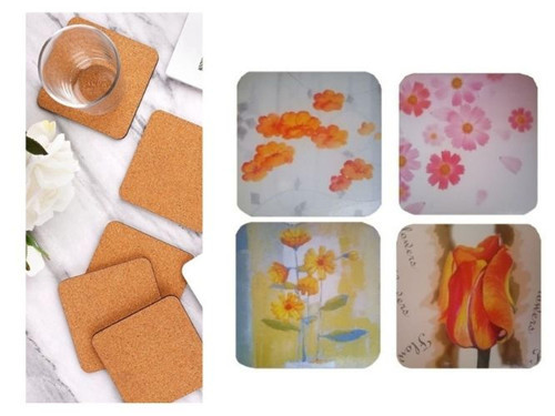 AHŞAP BARDAK ALTLIĞI 4 ADET ÇİÇEK DESEN 9x9cm