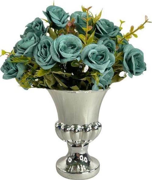 Yapay Çiçek Gümüş Renk Antik Cam Vazoda Mavi Yaban Gülü Aranjmanı