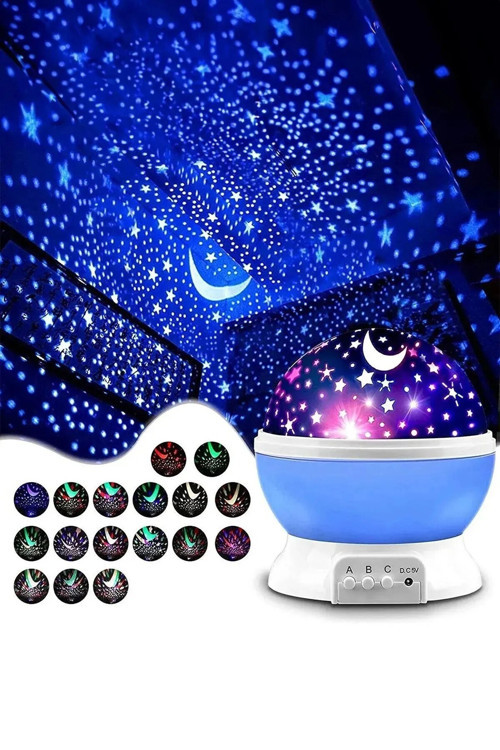 Ay Yıldız Desenli 360° Dönen Projektör Renkli Ledli Uyku Işığı Bebek Çocuk Odası Gece Lambası Mavi