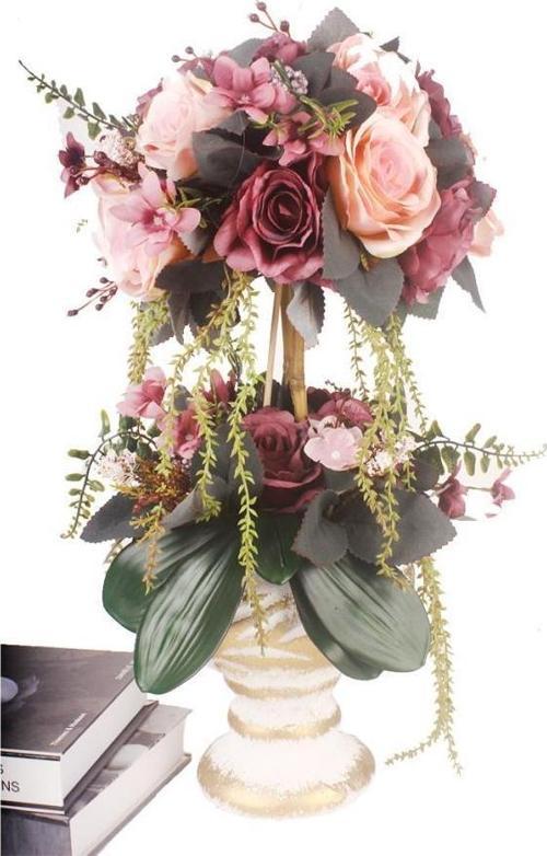 Yapay Çiçek li Seramik Kupa Vazo lu Arajman 2 Katlı Nişan Çiçeği Kız İsteme Mor Pembe