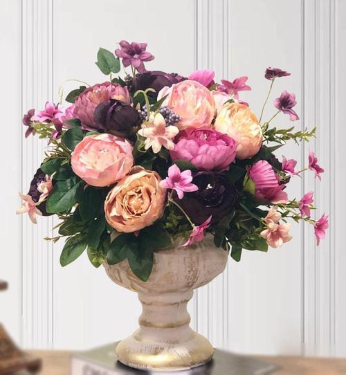 Yapay Çiçek li Seramik Kupa Vazo lu Arajman Nişan Çiçeği Kız İsteme İncili Mürdüm