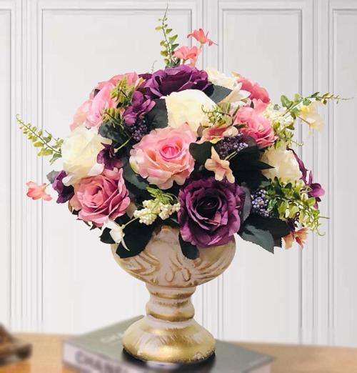 Yapay Çiçek li Seramik Kupa Vazo lu Arajman Nişan Çiçeği Kız İsteme MOR