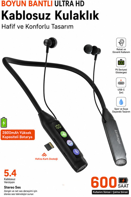 Boyun Bantlı Ultra HD Bluetooth Kablosuz Kulaklık | Type-C | Dijital Ekran | TF Kart | 2800 mAh 600 Saat
