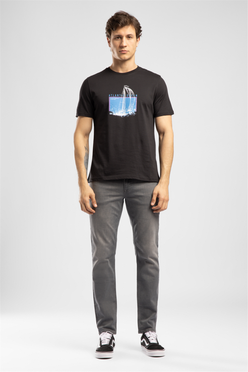 Rıver Erkek Regular Fit %100 Pamuk Baskılı Bisiklet Yaka T-Shirt Siyah