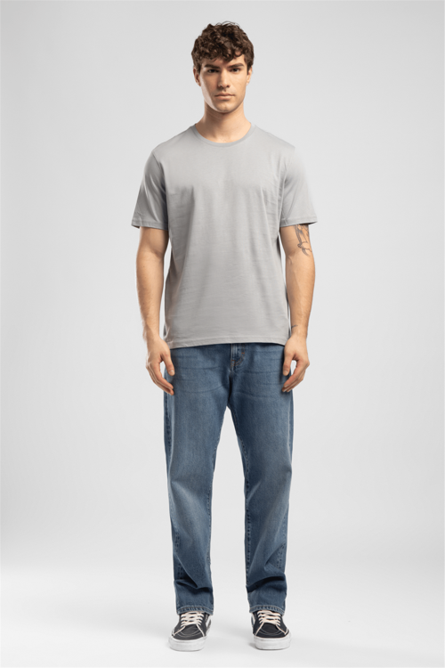 Baselo Erkek Regular Fit %100 Pamuk Basic Bisiklet Yaka T-Shirt Gri