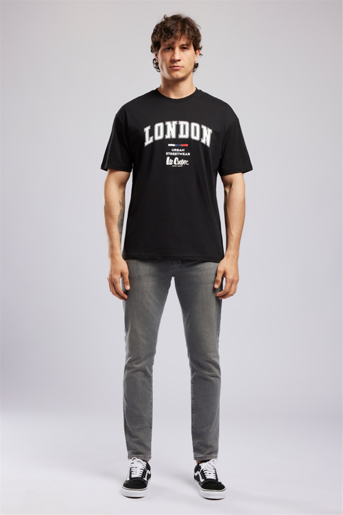 CLIFF Erkek Loose %100 Pamuk Baskılı Bisiklet Yaka T-Shirt Siyah