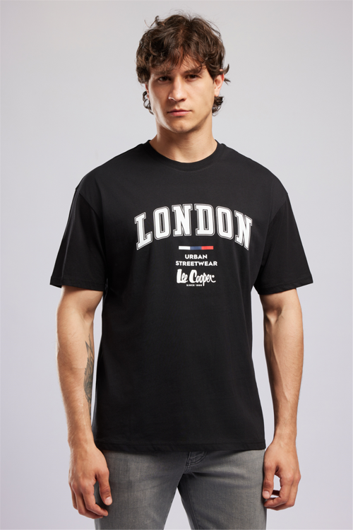 CLIFF Erkek Loose %100 Pamuk Baskılı Bisiklet Yaka T-Shirt Siyah