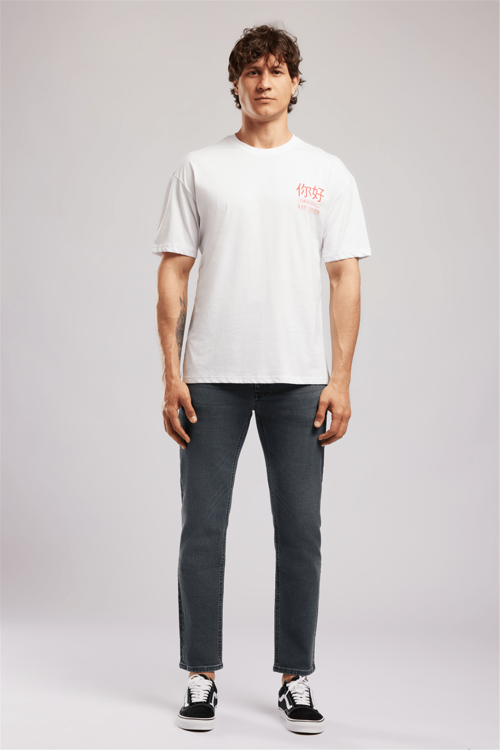 JOSUE Erkek Loose %100 Pamuk Baskılı Bisiklet Yaka T-Shirt Beyaz