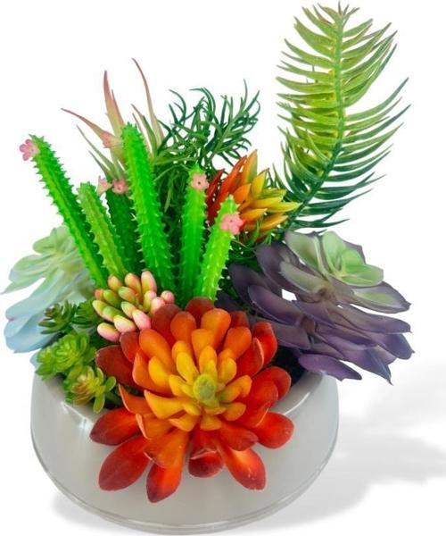 Yapay Çiçek Kaktüs Sukulent Aranjmanı Mokka Renk Plastik Saksıda 10 adet Karışık Model Skulent