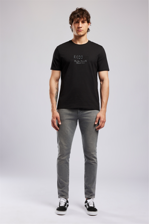 DESAVY Erkek Regular Fit %100 Pamuk Baskılı Bisiklet Yaka T-Shirt Siyah