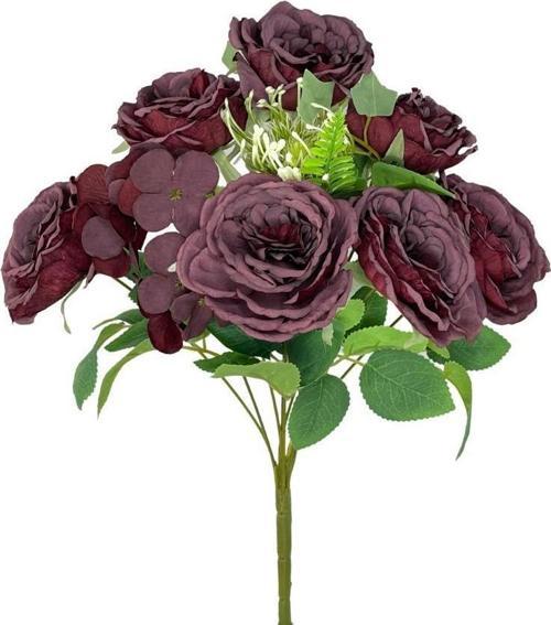 Yapay Çiçek Pastel Bordo Şakayık 9 Dallı 7 Güllü Büyük Boy Demet 40cm