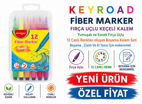 Fiber Marker Fırça Uçlu Keçeli Kalem 12 Renk