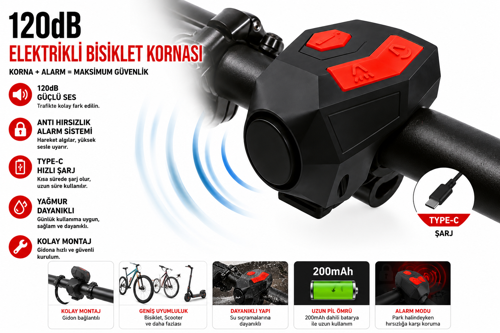 120 dB USB Type-C Şarjlı Bisiklet Kornası Alarm Zili Anti Hırsızlık Elektrikli Korna Scooter Motosiklet Bisiklet Zili Güçlü Sesli