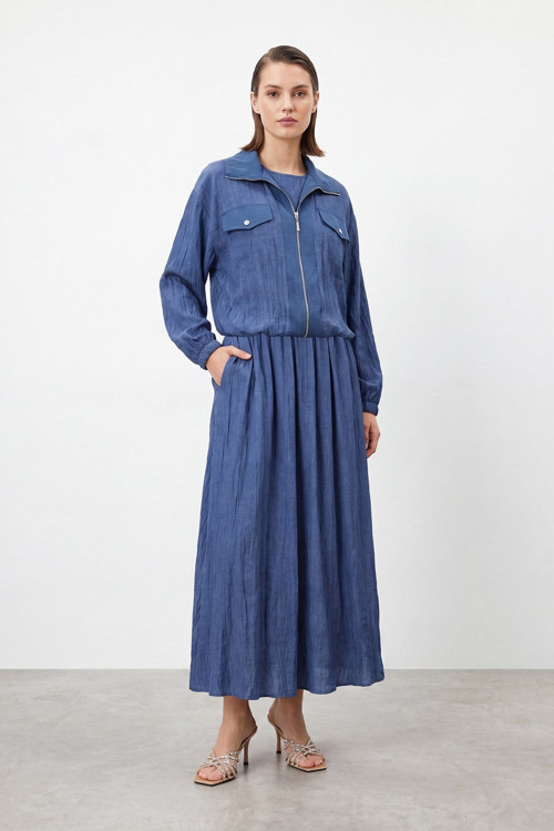 Kadın Keten Görünümlü Elbise Takım-12707ELB - INDIGO