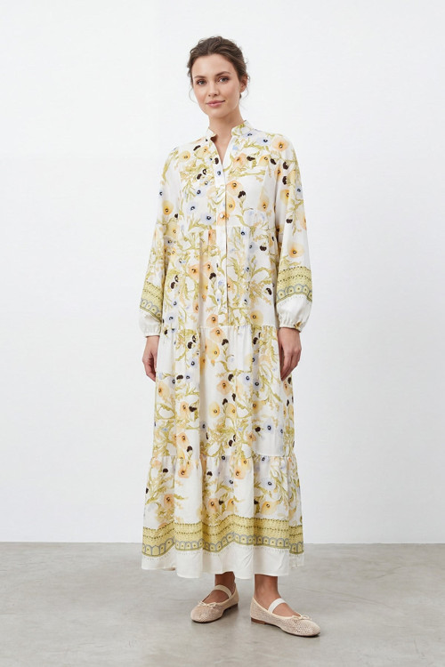 Çiçek Desenli Bohem Maxi Elbise -32531ELB - Zeytin Yeşili