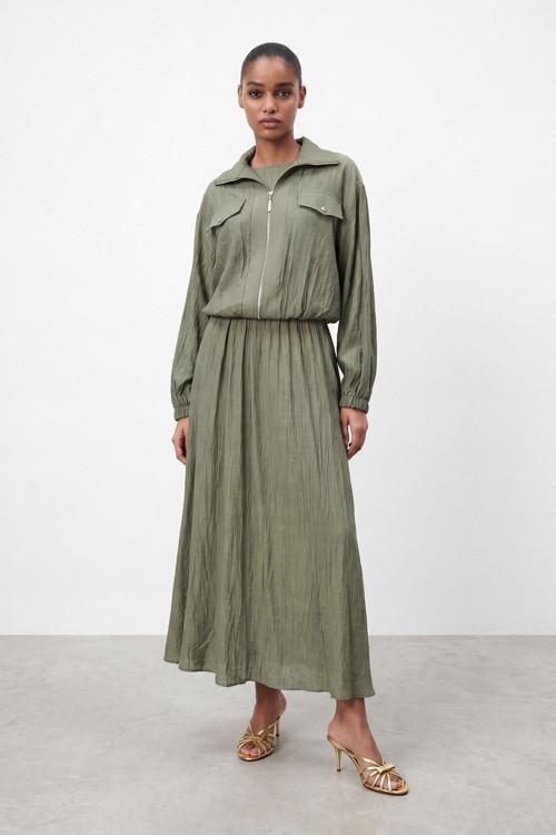 Kadın Keten Görünümlü Elbise Takım-12707ELB - KHAKI